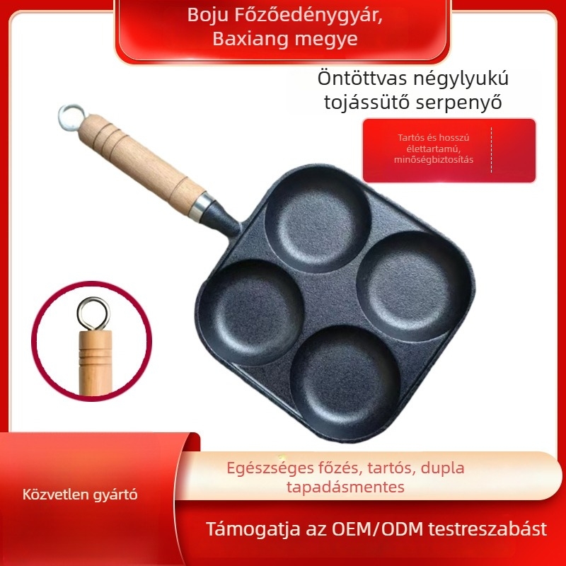 Öntöttvas tojás- és nokedli serpenyő négy lyukkal, többfunkciós, bevonat nélküli vas, fa markolat, vastagított aljzat