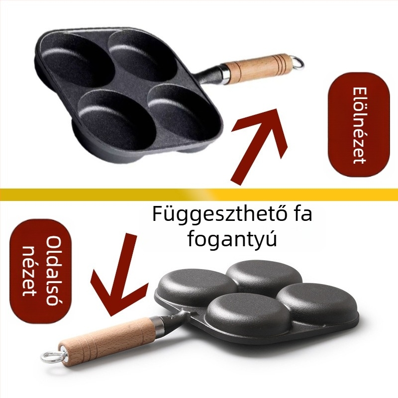 Öntöttvas tojás- és nokedli serpenyő négy lyukkal, többfunkciós, bevonat nélküli vas, fa markolat, vastagított aljzat