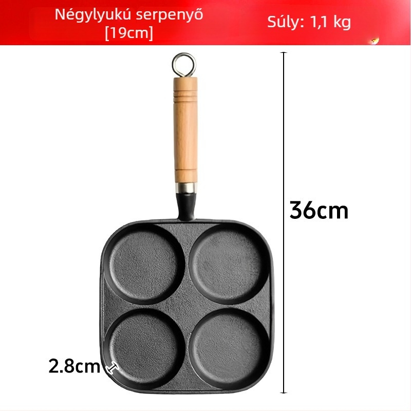 Öntöttvas tojás- és nokedli serpenyő négy lyukkal, többfunkciós, bevonat nélküli vas, fa markolat, vastagított aljzat