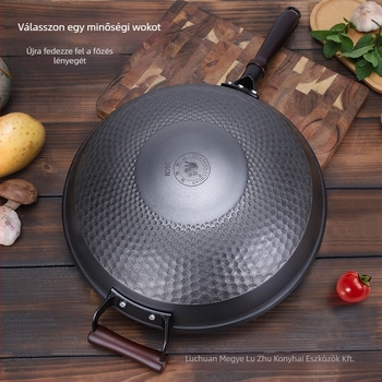 Öntöttvas wok, bevonat nélküli, hagyományos, kézzel készített, kerek alappal; gázfőzővel kompatibilis, testreszabható feldolgozás