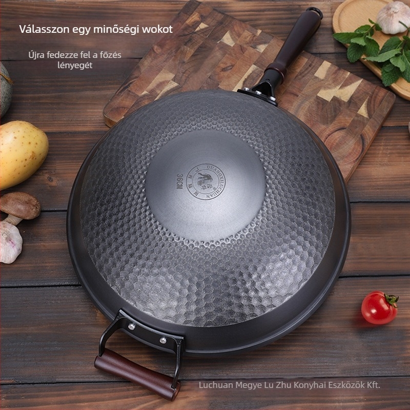 Öntöttvas wok, bevonat nélküli, hagyományos, kézzel készített, kerek alappal; gázfőzővel kompatibilis, testreszabható feldolgozás