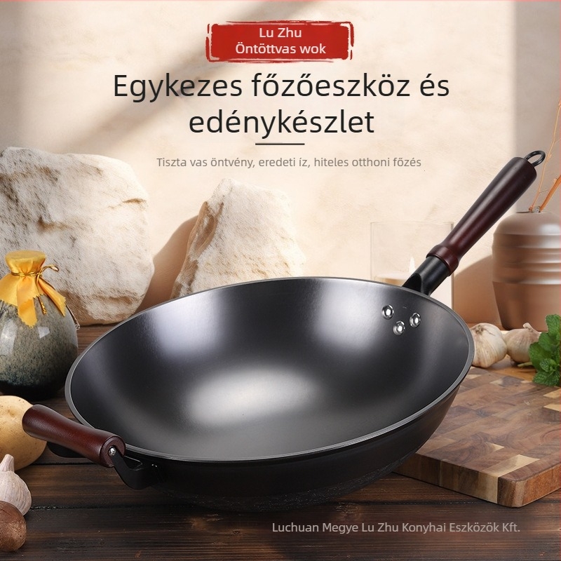 Öntöttvas wok, bevonat nélküli, hagyományos, kézzel készített, kerek alappal; gázfőzővel kompatibilis, testreszabható feldolgozás