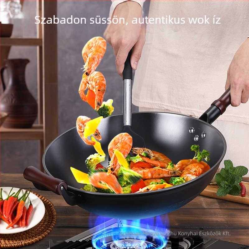 Öntöttvas wok, bevonat nélküli, hagyományos, kézzel készített, kerek alappal; gázfőzővel kompatibilis, testreszabható feldolgozás