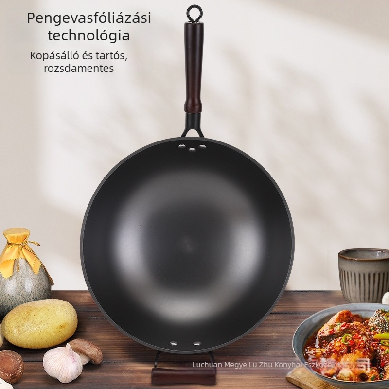 Öntöttvas wok, bevonat nélküli, hagyományos, kézzel készített, kerek alappal; gázfőzővel kompatibilis, testreszabható feldolgozás