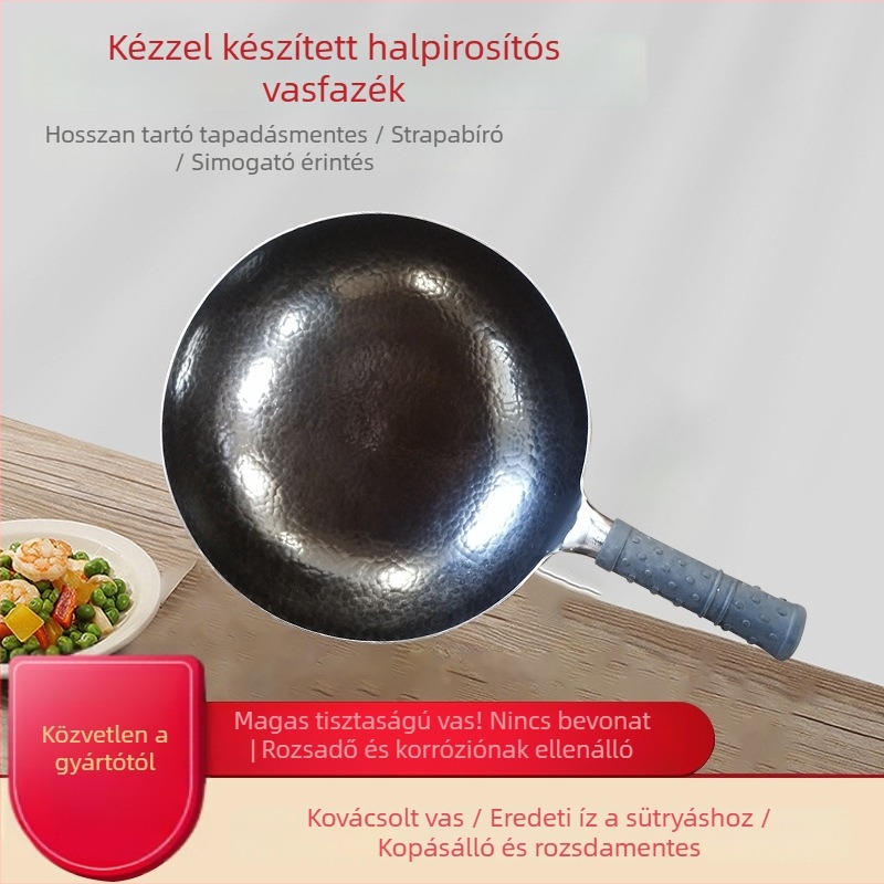 Kézzel kovácsolt vas wok, hagyományos kovácsolás, bevonat nélkül, felület halszálka mintázatú tapadásmentes, tartozék spatula, kerek wok finom vasból
