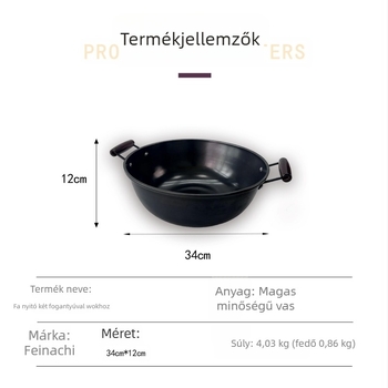 Öntöttvas wok két fogantyúval otthoni használatra, mély, lapos aljzattal, fából készült fedővel, 4 kg