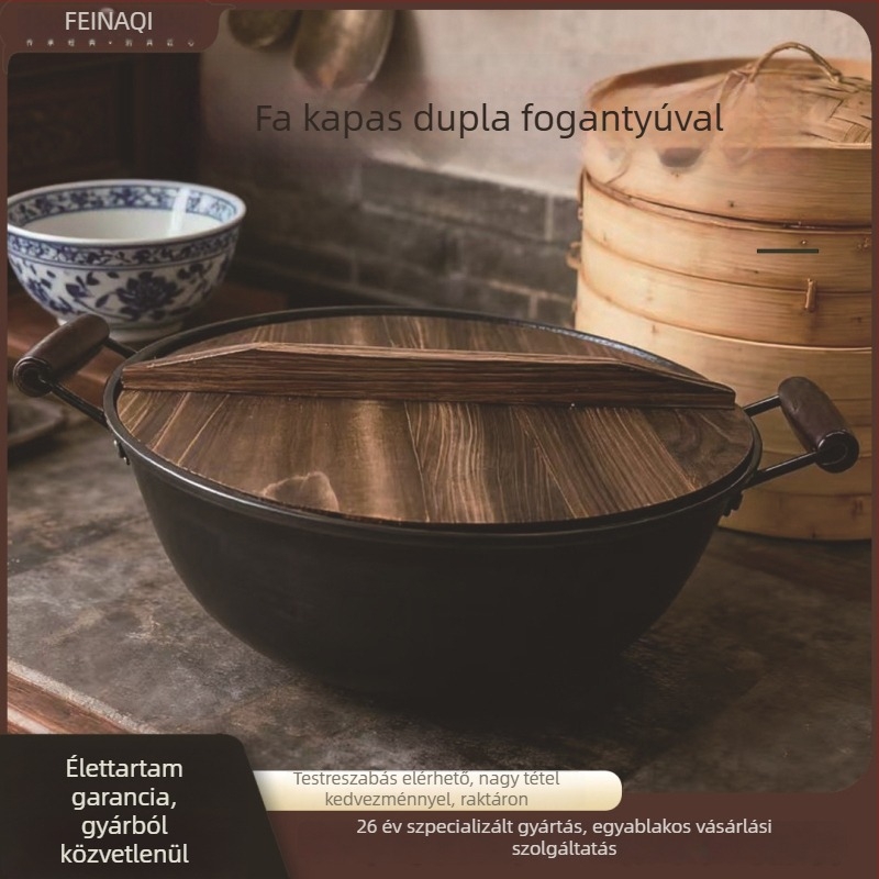 Öntöttvas wok két fogantyúval otthoni használatra, mély, lapos aljzattal, fából készült fedővel, 4 kg