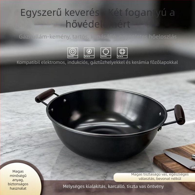 Öntöttvas wok két fogantyúval otthoni használatra, mély, lapos aljzattal, fából készült fedővel, 4 kg