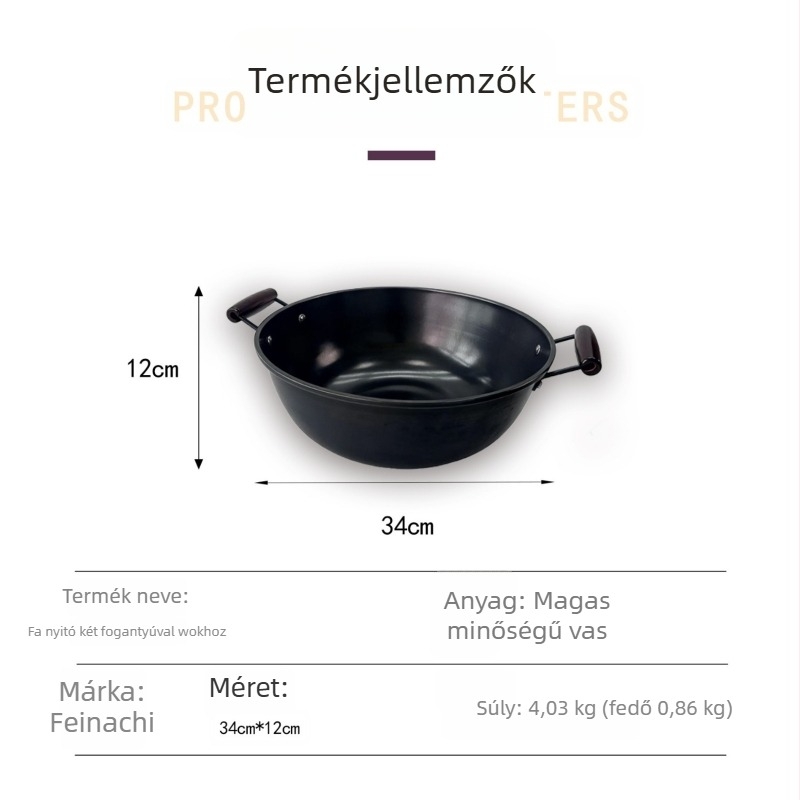 Öntöttvas wok két fogantyúval otthoni használatra, mély, lapos aljzattal, fából készült fedővel, 4 kg