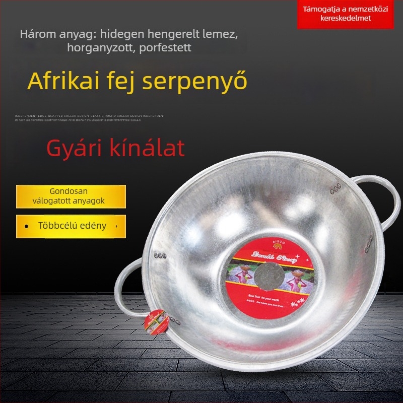 Többcélú sík aljún serpenyő vas alapú, fogantyú acélszálból, galvanizált lemez, fedő nélkül