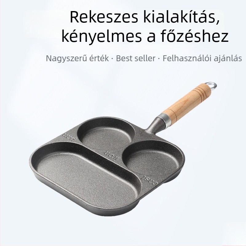 3 az 1-ben vasból készült reggeli serpenyő – tojások és hamburgerek, bevonat nélküli, lapos serpenyő