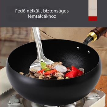 Kézzel kovácsolt vas wok, kalapált textúrával, bevonat nélküli, üvegfedő.
