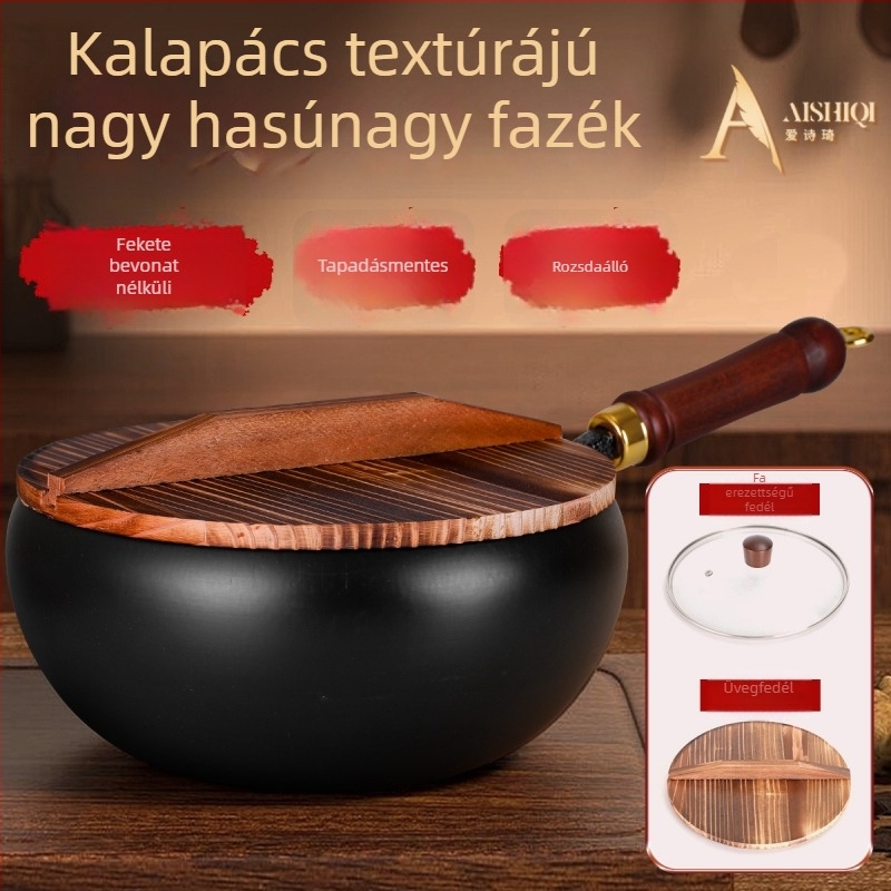 Kézzel kovácsolt vas wok, kalapált textúrával, bevonat nélküli, üvegfedő.