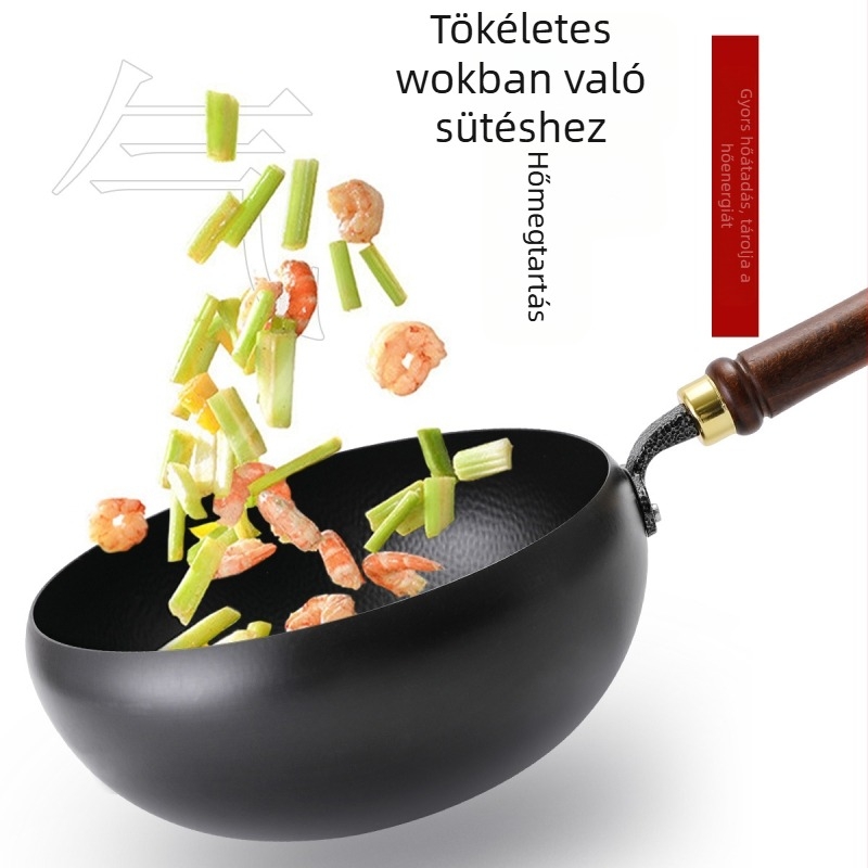 Kézzel kovácsolt vas wok, kalapált textúrával, bevonat nélküli, üvegfedő.