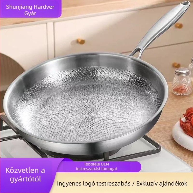 Kalapácsos textúrájú serpenyő, sík alj, háromrétegű alumínium-304 rozsdamentes acél szerkezet, vastagított, levehető fogantyú, tapadásmentes otthoni használatra