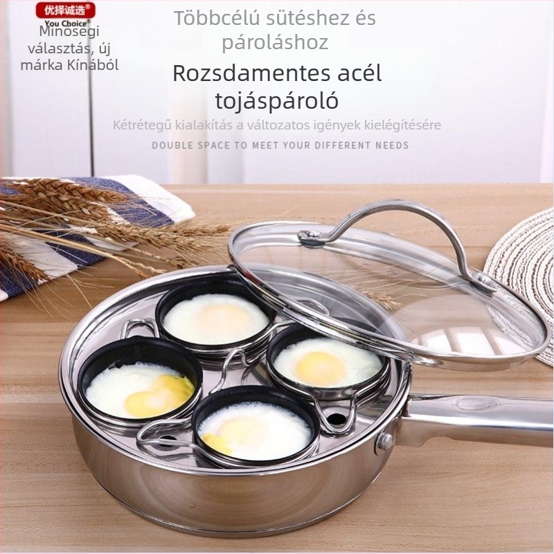 304 rozsdamentes acélból készült tojás pároló és többfunkciós serpenyő, tapadásmentes, vastagított kettős aljzattal