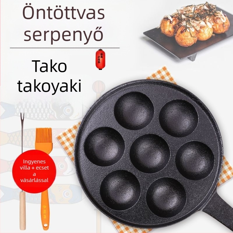Öntöttvas Takoyaki serpenyő hét lyukkal, mélyedésekkel, bevonat nélkül, húsgolyók sütésére; kompatibil gáztűzhellyel és indukcióval.