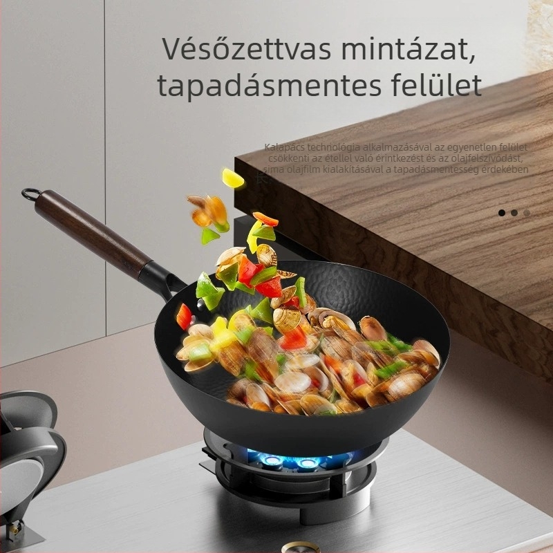 O- bevonatú kalapácsos mintázatú wok, kézzel kovácsolt vasból, tapadásmentes, gáztűzhely és indukciós főzőfelülethez