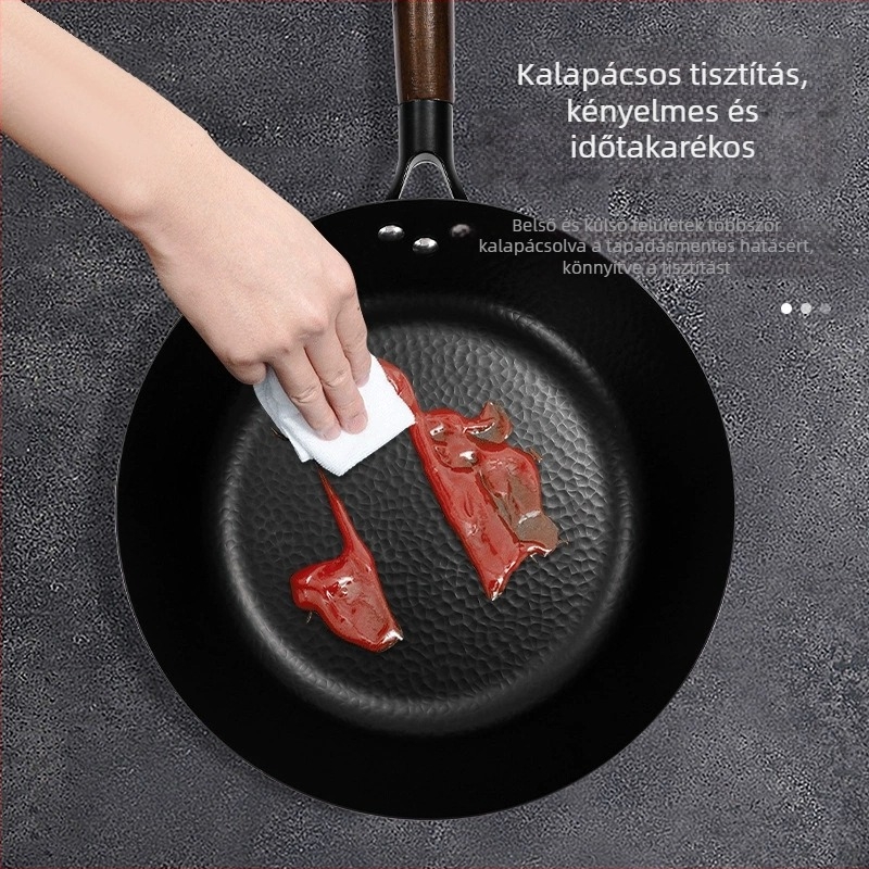 O- bevonatú kalapácsos mintázatú wok, kézzel kovácsolt vasból, tapadásmentes, gáztűzhely és indukciós főzőfelülethez