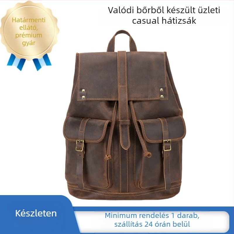 Vintage kézműves Crazy Horse bőr hátizsák, első réteg marhabőrből, kopásálló belső poliészter-pamut