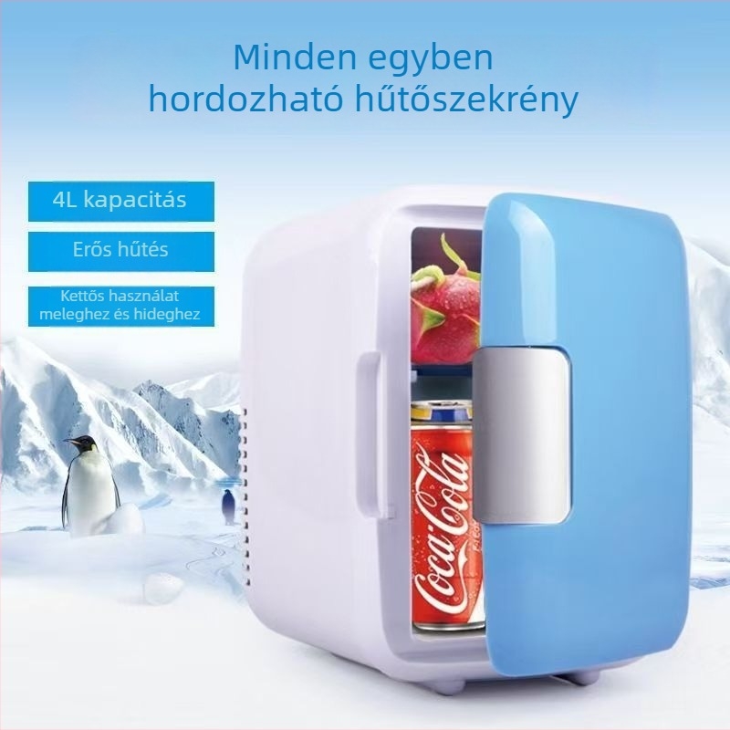 4L-es mini autóhűtő - hordozható, autó és otthon kettős használatra, hűtés és melegítés