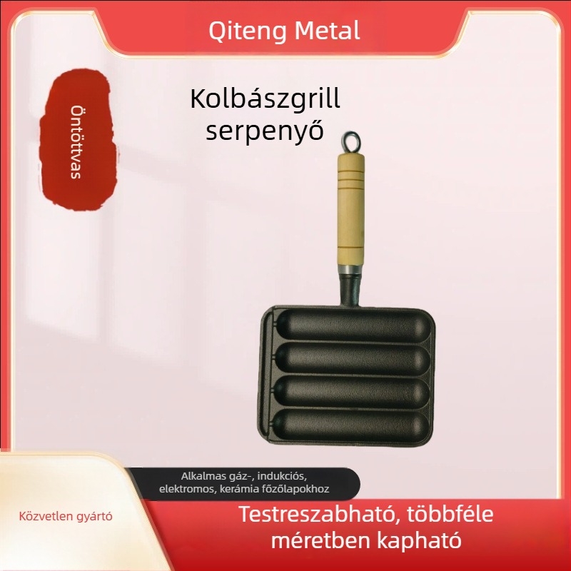 Öntöttvas grillsütő serpenyő kolbászokhoz, kebabokhoz, rizses süteményekhez és gluténos ételekhez – kompakt kültéri serpenyő