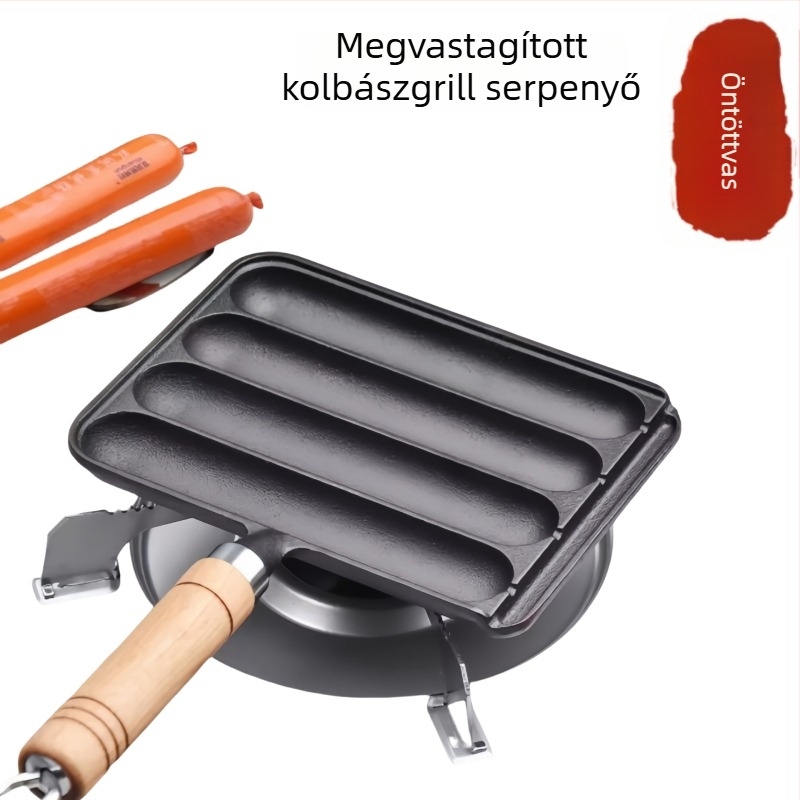 Öntöttvas grillsütő serpenyő kolbászokhoz, kebabokhoz, rizses süteményekhez és gluténos ételekhez – kompakt kültéri serpenyő
