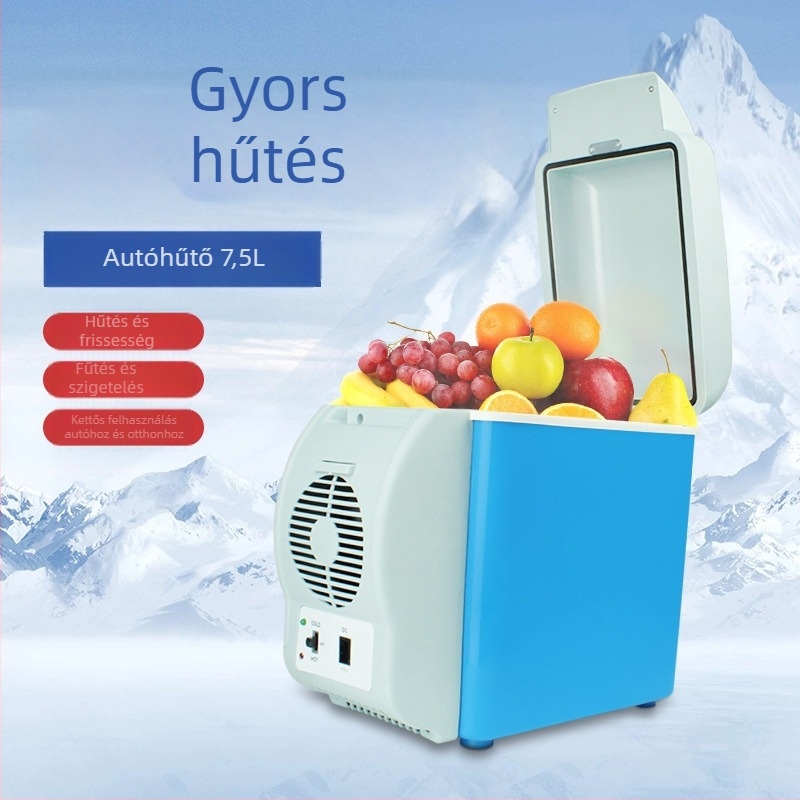 Mini autóhűtő kettős használatra, meleg és hideg üzemmód, 7,5 L kapacitás, 12V tápegység, 30–48W, hűtés 3°C-ig, fűtés 50°C-ig