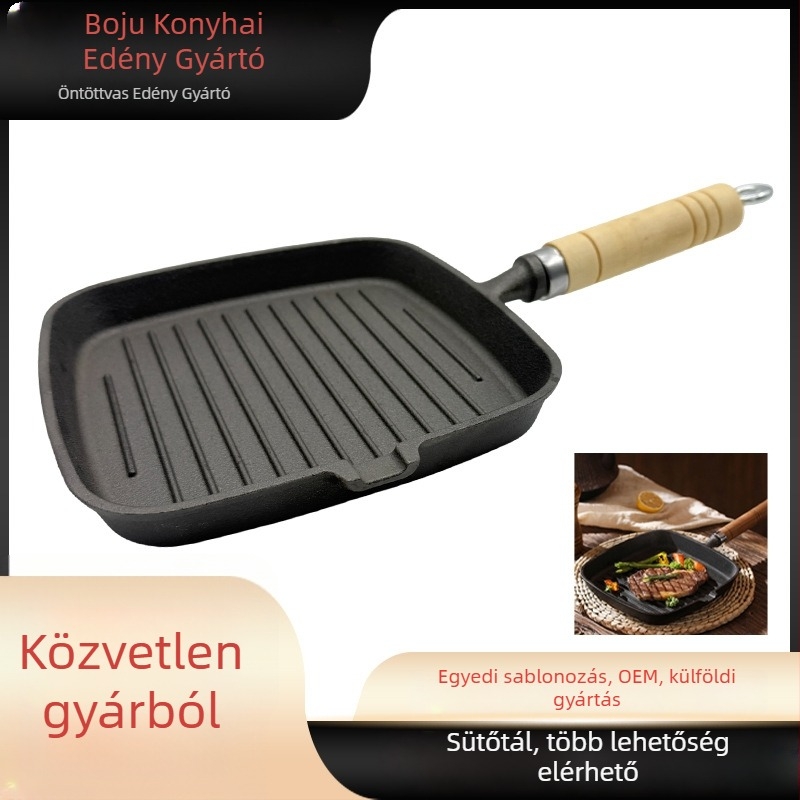Öntöttvas grillsütő serpenyő, négyzet alakú, előfűszerezett, bevonat nélküli, fa fogantyúval, tapadásmentes, mélység 2,5 cm
