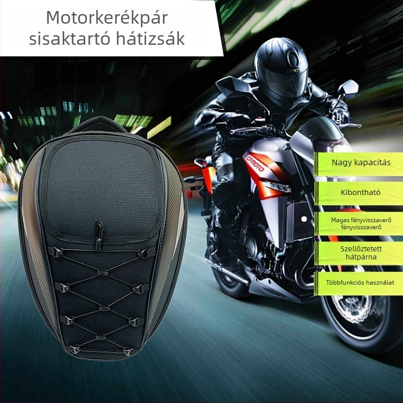 Motorkerékpár hátizsák, vízálló, fényvisszaverő, kapacitás 25–37 L, modell 0102, anyag: Oxford vászon + szénszálas minta