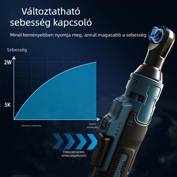 Elektromos racsnis csavarhúzó, 90°-os szög, 21V Li-ion akkumulátor, nyomaték 80 Nm, súly 0,9 kg