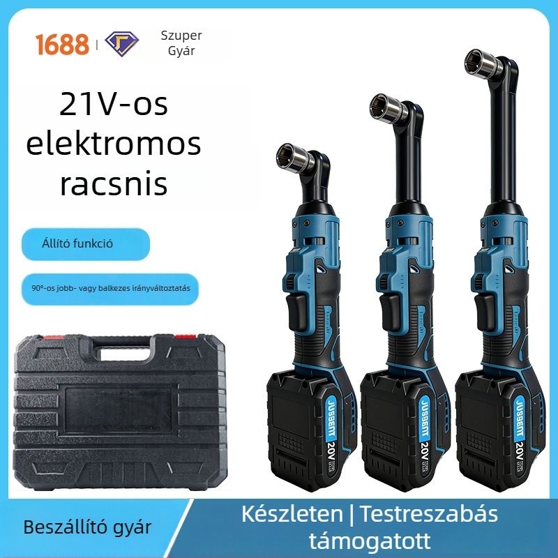 Elektromos racsnis csavarhúzó, 90°-os szög, 21V Li-ion akkumulátor, nyomaték 80 Nm, súly 0,9 kg