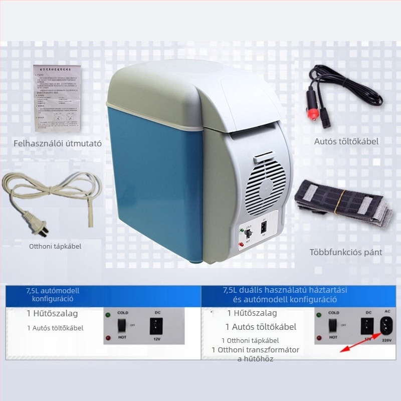 Autóhűtő 7,5 L, 12V, 50W, hőmérséklet-tartomány 10–60°C, műanyag ház