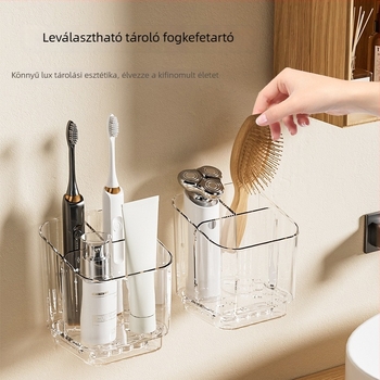 Falihoz szerelhető fogkefe és fogkrém tartó — PET, fúrás nélküli telepítés, terhelhetőség 1–5 kg, 1 réteg, polírozott felület
