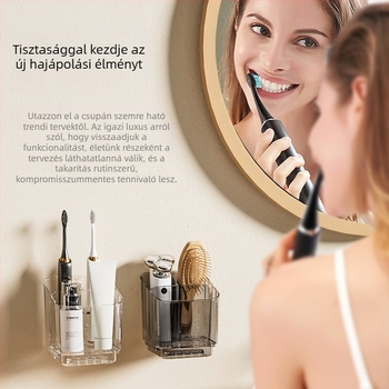 Falihoz szerelhető fogkefe és fogkrém tartó — PET, fúrás nélküli telepítés, terhelhetőség 1–5 kg, 1 réteg, polírozott felület