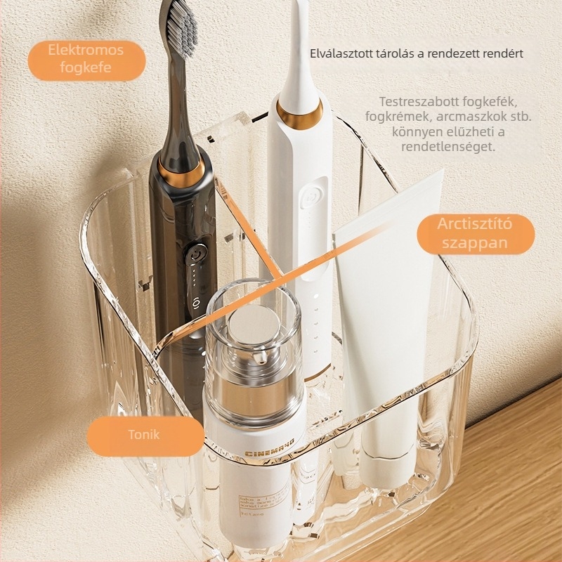 Falihoz szerelhető fogkefe és fogkrém tartó — PET, fúrás nélküli telepítés, terhelhetőség 1–5 kg, 1 réteg, polírozott felület