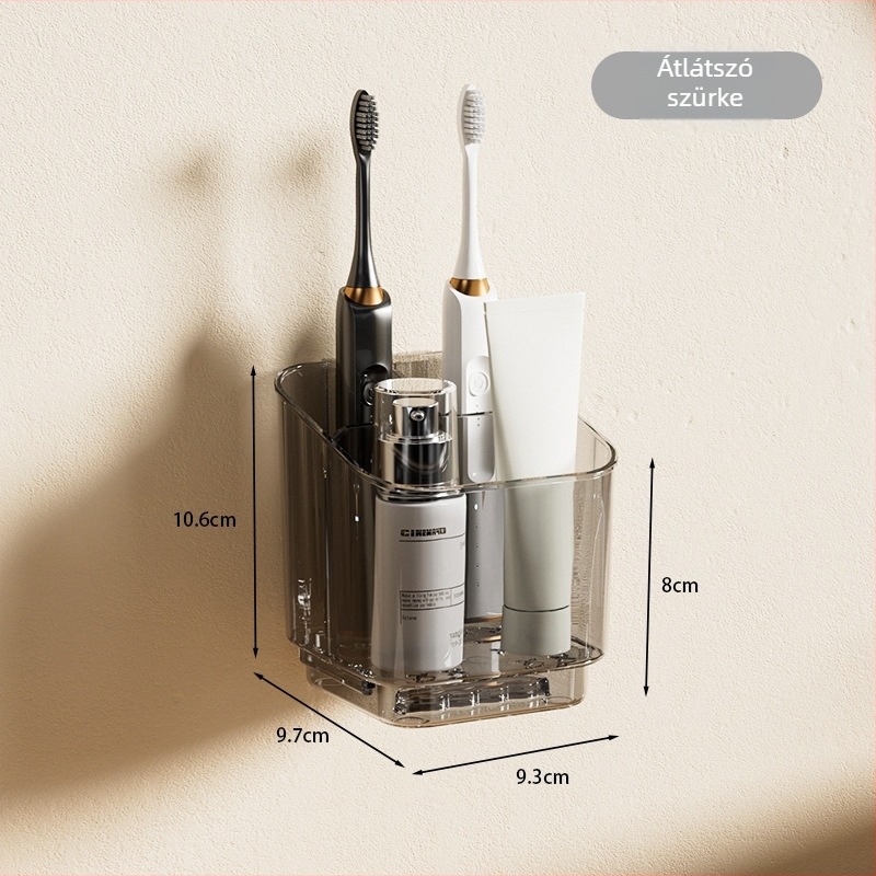Falihoz szerelhető fogkefe és fogkrém tartó — PET, fúrás nélküli telepítés, terhelhetőség 1–5 kg, 1 réteg, polírozott felület