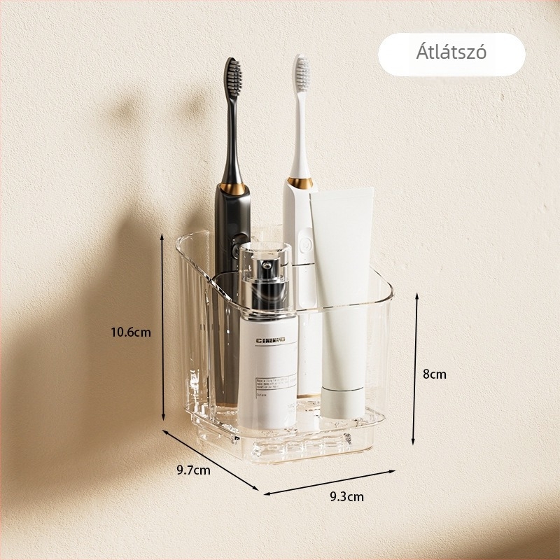 Falihoz szerelhető fogkefe és fogkrém tartó — PET, fúrás nélküli telepítés, terhelhetőség 1–5 kg, 1 réteg, polírozott felület