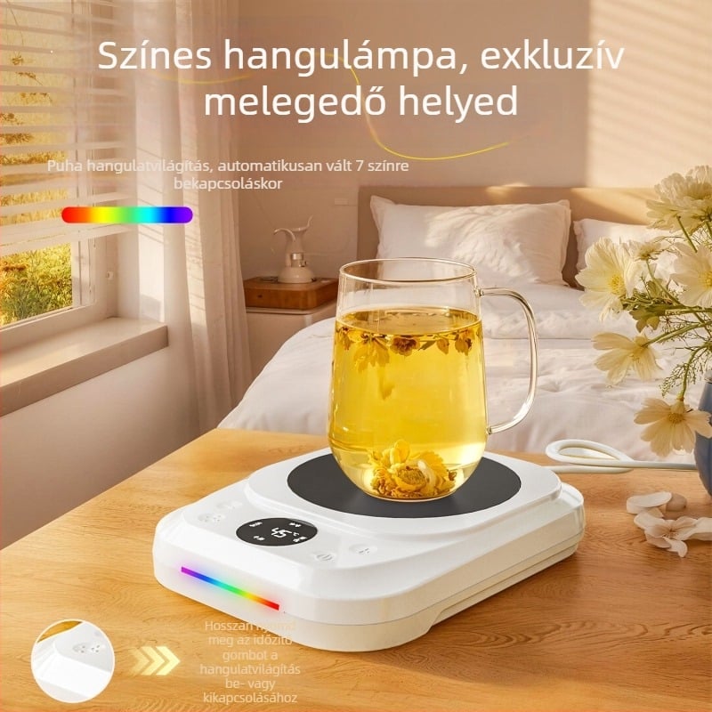 Szigetelt pohármelegítő alátét, 75°C állandó hőmérséklet, öt fokozatú szabályozás, PC burkolat, dugaszolható hálózati áramellátás, érintéses vezérlés