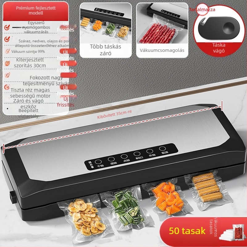 Teljesen automata háztartási vákuumcsomagoló gép élelmiszerekhez – ABS burkolat, 150W, 220V, modell SKJ, vákuum funkció, tápellátás: dugaszolható