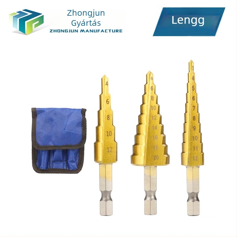 3 részes pagoda-stílusú lépcsős fúrókészlet hexagonális nyéllel, vászon táskában
