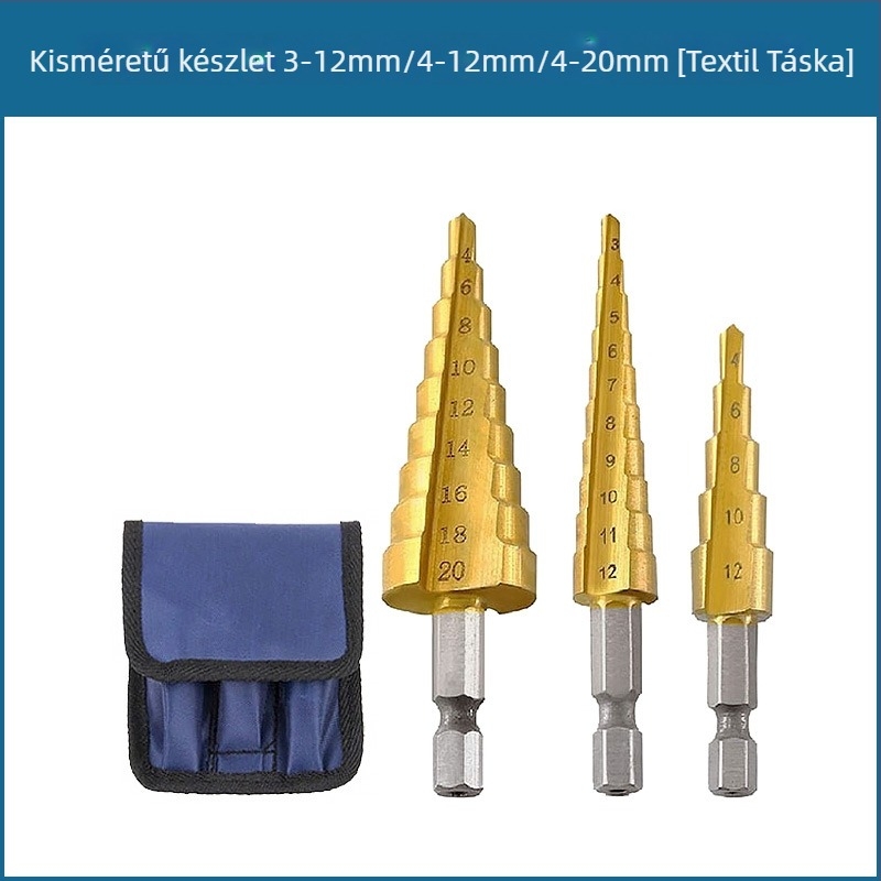 3 részes pagoda-stílusú lépcsős fúrókészlet hexagonális nyéllel, vászon táskában