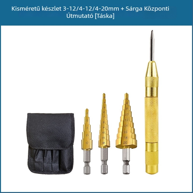 3 részes pagoda-stílusú lépcsős fúrókészlet hexagonális nyéllel, vászon táskában