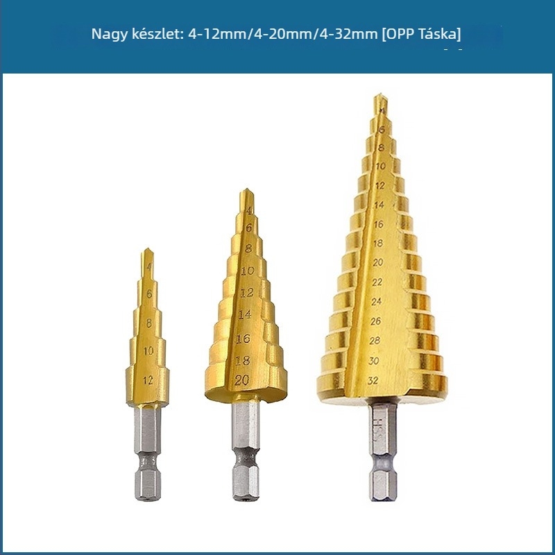 3 részes pagoda-stílusú lépcsős fúrókészlet hexagonális nyéllel, vászon táskában