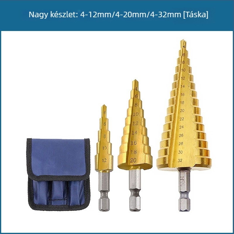 3 részes pagoda-stílusú lépcsős fúrókészlet hexagonális nyéllel, vászon táskában