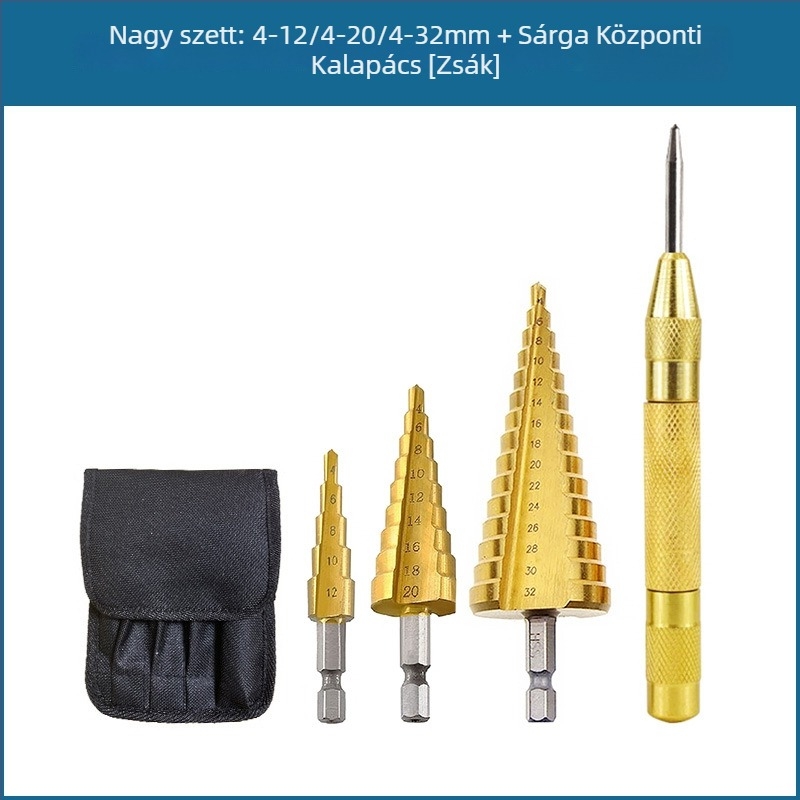 3 részes pagoda-stílusú lépcsős fúrókészlet hexagonális nyéllel, vászon táskában