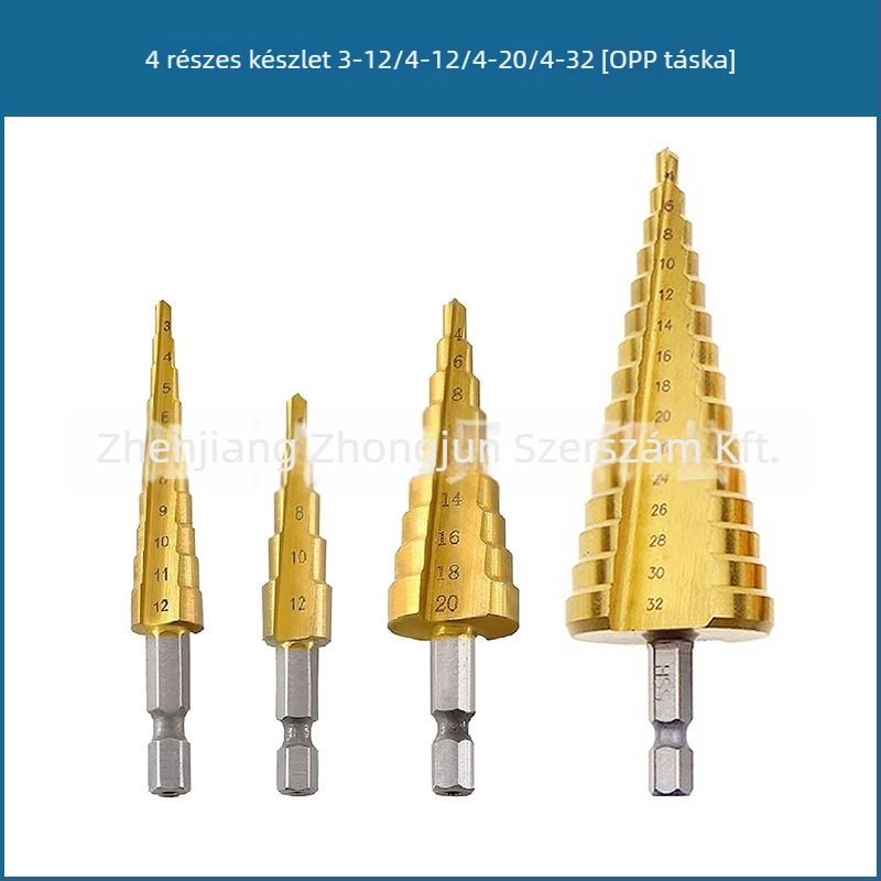 3 részes pagoda-stílusú lépcsős fúrókészlet hexagonális nyéllel, vászon táskában