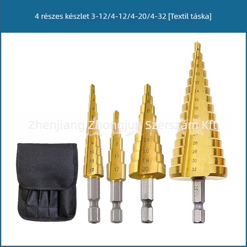 3 részes pagoda-stílusú lépcsős fúrókészlet hexagonális nyéllel, vászon táskában