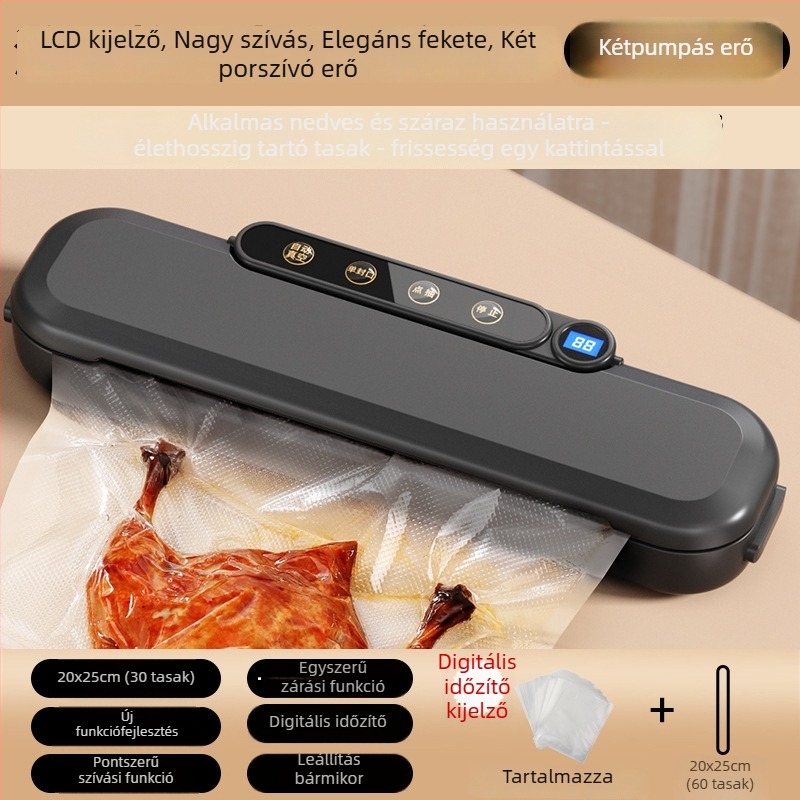 Otthoni vákuumzáró készülék élelmiszerek csomagolásához, ABS műanyag, 30 cm átmérő, 110 W, 220 V, kapacitás 1501-2000 ml