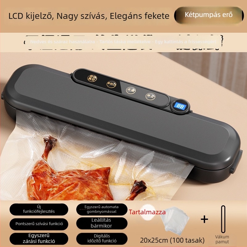 Otthoni vákuumzáró készülék élelmiszerek csomagolásához, ABS műanyag, 30 cm átmérő, 110 W, 220 V, kapacitás 1501-2000 ml